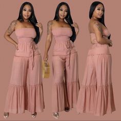 Women's Pink Strapless Jumpsuit Women's Soft Pink Jumpsuit Semi-Stretch Jumpsuit Smocked Top Strapless Wide Legs No Closure 65% Rayon 35% Polyester Hand Wash Cold Model Is Wearing A Small Model Stats Height: 5.6" Bust:34" / Waist:25" / Hips:41" Envelope Skirt, Sheer Jumpsuit, Lace Playsuit, Flowy Jumpsuit, Abercrombie (women), Stretch Jumpsuit, Satin Romper, Colorful Jumpsuit, Top Strapless