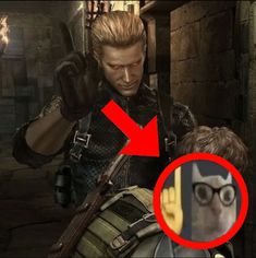 an image of a man pointing at another person in a video game with the red arrow pointing