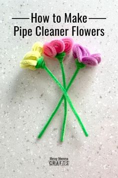 three crocheted flowers with the words how to make pipe cleaner flowers on them