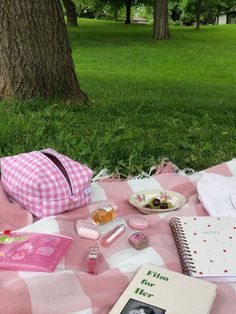 a picnic blanket on the ground with food and drink in front of it next to a tree