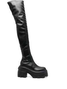 black calf leather stretch-design round toe slip-on style chunky rubber lug sole 110mm high block heel thigh-high Long Platform Boots, Leather Black Knee High Boots, Thigh High Black Boots, Casadei Boots, 21 Outfits, Black Thigh Boots, Thigh High Platform Boots, Platform Knee High Boots, Long Black Boots