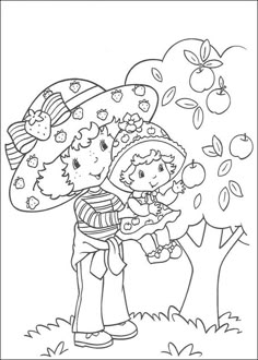 a coloring page with two children under an apple tree, one is hugging the other