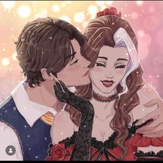 two people are kissing each other in front of snowflakes and sparkles behind them