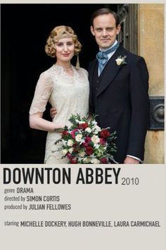 a man and woman standing next to each other in front of a door with the words downton abbey 2010 on it