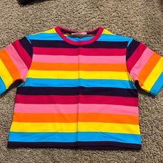 Rainbow Short Sleeve Semi Crop Top Size Small Never Worn Fun Rainbow Print Short Sleeve Top, Rainbow Short Sleeve Top For Pride, Summer Rainbow Short Sleeve T-shirt, Rainbow Print Short Sleeve T-shirt, Multicolor Rainbow Print T-shirt With Short Sleeves, Colourful Outfits, Lady In Red, Rainbow, Crop Tops