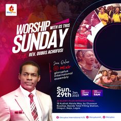 a flyer for worship sunday with an image of a man in a suit and tie