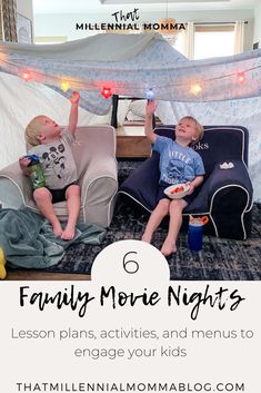 two children sitting in chairs with the text family movie nights lesson plans, activities and menus to engage your kids