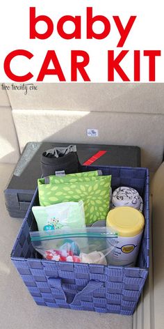 the baby car kit is organized in a blue basket