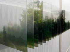 an art piece is shown with trees in the back ground and white walls behind it