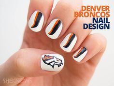 Denver Broncos Nail Design Super Bowl XLVIII 2014 #thingsworthsharing #manicure Super Bowl Nails, Football Nail Designs, Fun Manicure, Manicure Tutorials, Nail Designs Tutorial, Floral Nail Designs