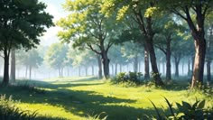 a painting of trees and grass on a sunny day in the woods with sunlight streaming through them