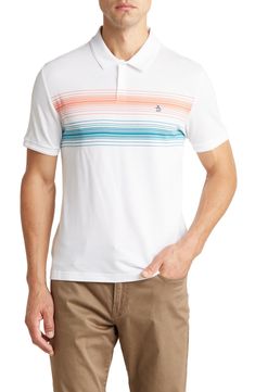 A colorful stripe pattern marks the chest of this classic polo cut from pure cotton. 27" length (size Medium) Spread collar Short sleeves 100% cotton
 Machine wash, tumble dry Imported Model stats: 6'1" height, 32" waist. Model is wearing size Medium. Striped Cotton Polo Shirt For Spring, Spring Striped Cotton Polo Shirt, Cotton Summer Polo Shirt With Horizontal Stripes, Spring Cotton Polo Shirt With Contrast Stripes, Casual Summer Polo Shirt With Horizontal Stripes, Sporty Striped Cotton Polo Shirt, White Cotton Polo Shirt With Horizontal Stripes, White Horizontal Stripe Cotton Polo Shirt, Cotton Collared Polo Shirt With Vertical Stripes