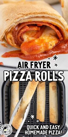 an air fryer pizza rolls is shown in this advertisement