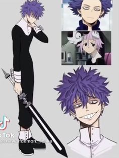 an anime character with purple hair and black pants, holding two swords in his hands