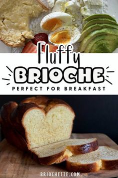 this breakfast has eggs, bread and avocado on the side with text overlay that reads fluffy broccoli perfect for breakfast