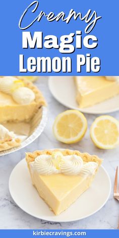 a slice of lemon pie on a plate with the text creamy magic lemon pie above it