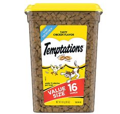 a canister filled with cat food on top of a white background and yellow lid