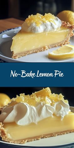 no - bake lemon pie on a plate with the rest of the pie in the background