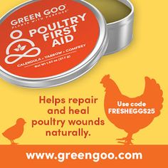 a tin of green goo poultry first aid next to an orange and yellow background