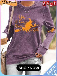 Women's Funny Witch Yes I Can Drive A Stick Halloween Casual Sweatshirt Casual Halloween Tops With Letter Print, Casual Halloween Letter Print Top, Purple Graphic Print Sweatshirt For Fall, Casual Halloween Crew Neck Tops, Purple Long Sleeve T-shirt For Fall, Purple Letter Print Top For Fall, Casual Purple T-shirt For Fall, Purple Relaxed Fit Top For Fall, Halloween Long Sleeve Relaxed Fit T-shirt