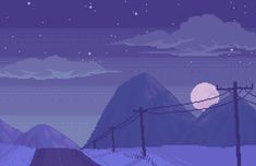 an old computer game with mountains and power lines in the foreground, at night