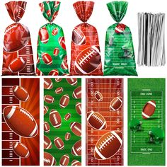 three bags with footballs on them, one is green and the other is red