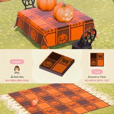 an animal crossing game with pumpkins on the table, and other items for decoration