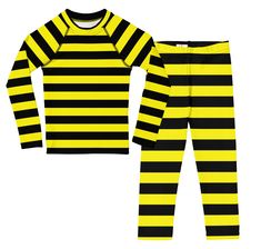 a black and yellow striped outfit with white stripes on the chest, long sleeves and bottom