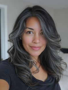 Gray Blending for Dark Hair: Embrace Your Silver Strands with Style Gothic Grey Hair, Blending Gray Hair Asian Women, Gray Hair Black Highlights, Black Hair With Grey Highlights Long, Grey Hair With Dark Highlights, Low Lights To Hide Gray Hair, Dark Hair With Grey Blending, Black Hair Grey Blending, Grey Money Piece On Dark Hair