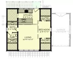 the floor plan for a small house with two bedroom and an attached kitchen area,