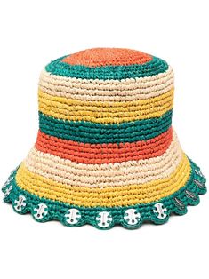 rainbow-stripe bucket-hat from PACO RABANNE featuring multicolour, raffia, rainbow print, woven raffia design, silver-tone logo plaque and dropped narrow brim. Woven Raffia, Rainbow Print, Paco Rabanne, Design Silver, Rainbow Stripes, Straw Hat, Bucket Hat, Knit Crochet, Straw