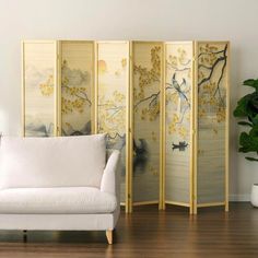 Paneled Bamboo Room Divider with Dual Sided Birds Gingko Biloba Tree Sunset Design, Freestanding Folding Privacy Screen-MyGift Wooden Divider, Freestanding Room Divider, Folding Room Divider, Work Cubicle, Asian Artwork, Bamboo Room Divider, Wooden Room Dividers, Asian Landscape, Folding Room Dividers