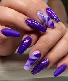 Purple And Silver Nails, Purple Nail Art Designs, Purple Glitter Nails, Purple Nail Art, Purple Acrylic Nails, Purple Nail Designs, Purple Acrylic, Beauty Nails Design, Modern Nails