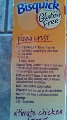 a close up of a box of pizza crust on a brick wall with the words, bisquick gluten free