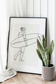 a drawing of a person holding a surfboard next to a potted plant on a table