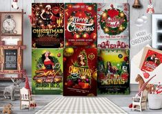 christmas party flyer templates are displayed on the wall