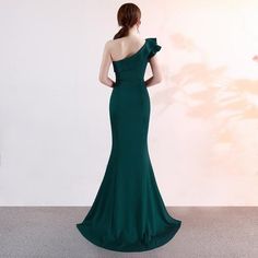 Pine Green One Shoulder Evening Gown Fitted Dark Green Evening Dress For Banquet, Dark Green Floor-length Party Dress, Green One-shoulder Wedding Gown, Dark Green Floor-length Evening Dress For Formal Occasions, Dark Green Floor-length Evening Dress, Prom Season Gown With Sweep Train And One Shoulder, One-shoulder Gown With Sweep Train For Prom, Floor-length Dark Green Prom Dress, Dark Green Floor-length Prom Dress