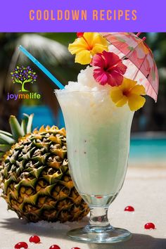 a pineapple drink in a tall glass with an umbrella and flowers on the rim