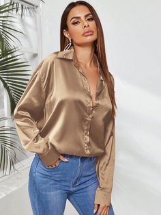 Dorado Casual Collar manga larga Tela Liso Camisa Embellished No-Elástico Plain Shirt, Satin Blouses, Plain Shirts, Women Clothing, Satin, Collar, Clothes For Women