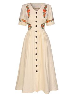 [Pre-Sale] Pure Cotton Beige 1940s V-Neck Floral Dress A Line Button Down Dress, Cotton Modern Dresses, Christmas Retro Dress, 1940 Dress Pattern, 1940s Fashion Modern, Vintage Farm Clothes, Tie Side Dress, Vintage Fall Dress, 1940s Fashion Black Women