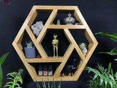 a wooden shelf with plants and figurines on it in front of a black wall