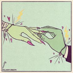 two hands touching each other with pink and green nail polishes on them, surrounded by hearts