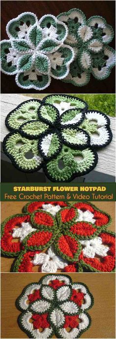 crocheted flower rugs are shown in three different colors