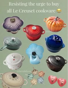 an advertisement with many different colored pots and pans