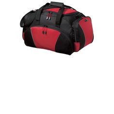 a red and black duffel bag on a white background