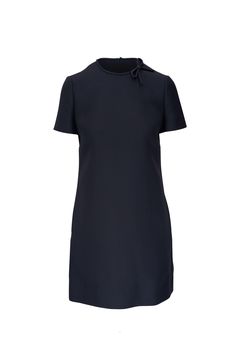 Valentino - Navy Blue Crepe Couture Bow Mini Dress Classic Navy Dress For Workwear, Elegant Blue Mini Dress With Bow, Formal Knee-length Dresses With Bow, Chic Midi Dress With Bow For Work, Fitted Mini Dress With Bow For Daywear, Classic Navy A-line Dress, Tailored Short Sleeve Evening Dress, Elegant Bow Mini Dress For Daywear, Elegant Mini Dress With Bow For Daywear