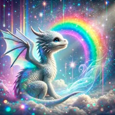 a white dragon sitting on top of a cloud next to a rainbow colored sky and stars