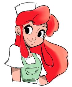 a drawing of a girl with red hair and green overalls, looking at the camera