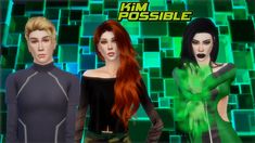 three female avatars standing next to each other in front of a green and black background