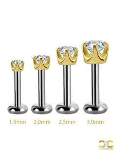 three pairs of gold and silver surgical steel barbells with crystal stones on each end